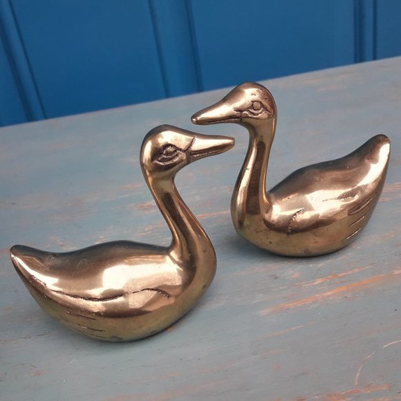Brass Ducks Geese Set of 2 Vintage Figurine Birds Animals MCM Mid Century Gold - Picture 3 of 16